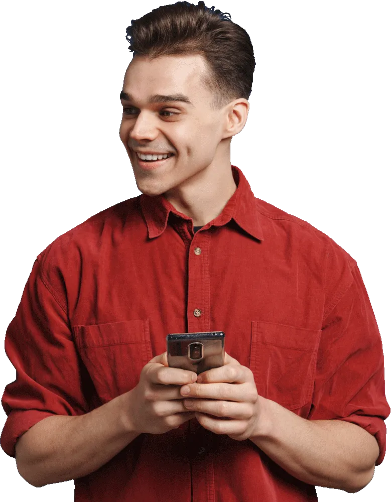 Image of a man in red shirt using a cell phone